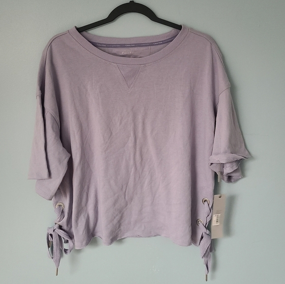 Calvin Klein Womens XL Purple Side Tie Drape Sleeve Cropped Pullover Sweatshirt - Picture 2 of 6